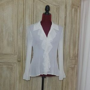 Off-White Pleated Blouse with Ruffled V-neck